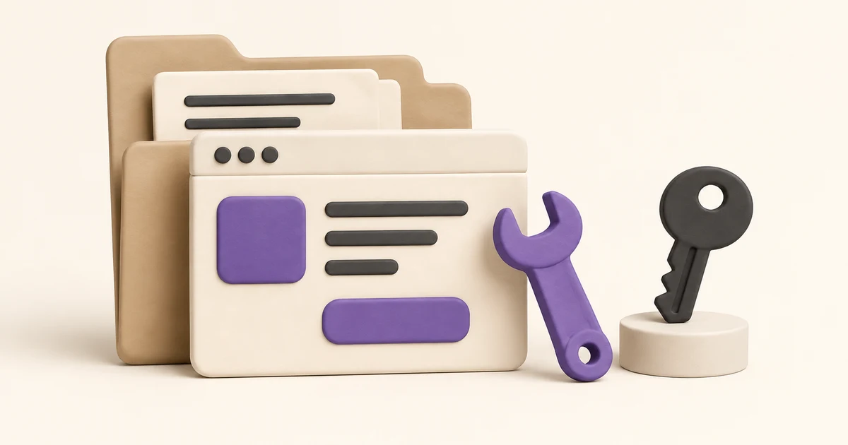 A small app model resting on a folder next to a maintenance wrench and a separate key held on its own stand. Suggest retained ownership and documented maintenance, no human hands, in violet accents.